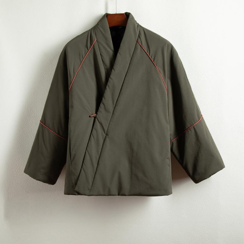 

Зимнее мужское оригинальное теплое стеганое пальто Мужская куртка на пуговицах с V-образным вырезом Мужской костюм Тан в китайском стиле Мужское толстое кимоно Ханфу Винтажные парки L темно-зеленого