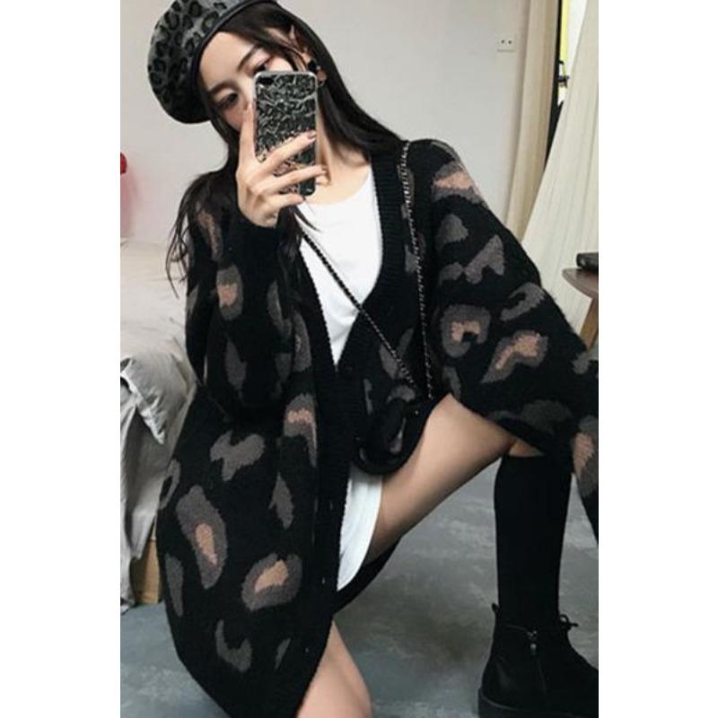 Μοντέρνα Ζακέτα με Λαιμόκοψη V και Λεοπάρ Μοτίβο για Γυναίκες Φθινόπωρο Χειμώνας Κορεατική Έκδοση Άνετη Casual Πλεκτή Ζακέτα Κομψή Απλή Επαγγελματική Ενδυμασία για Κυρίες