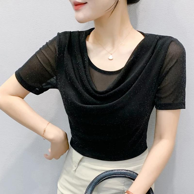 Summer Women's Draped Design O-Neck T-Shirt Trendy Elegant Short Sleeve Mesh Tops New Casual Fairy Tees Blouse