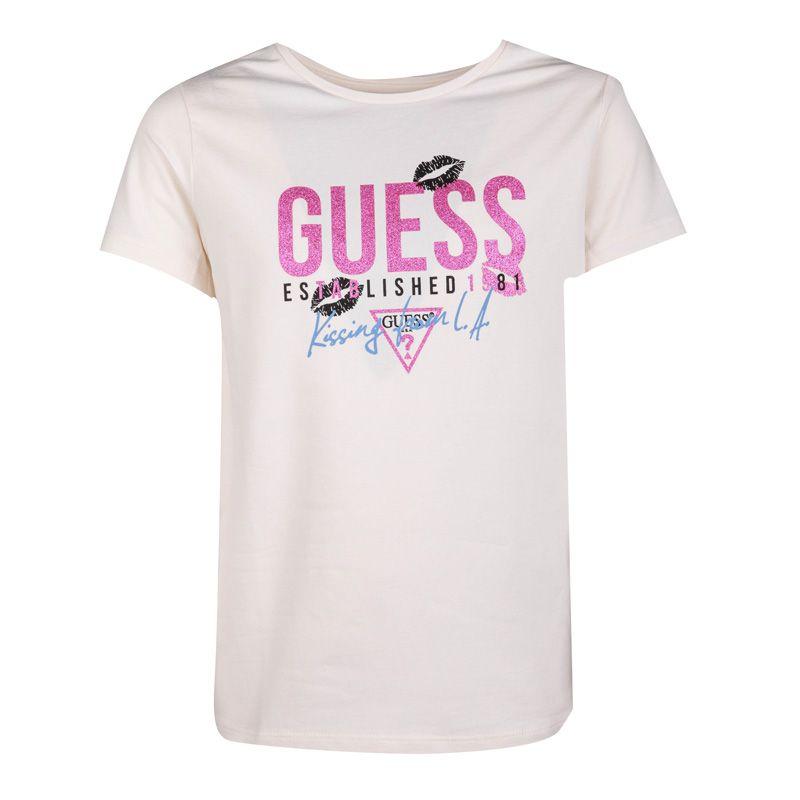

Детская футболка с круглым вырезом и большим логотипом цвета фуксии GUESS