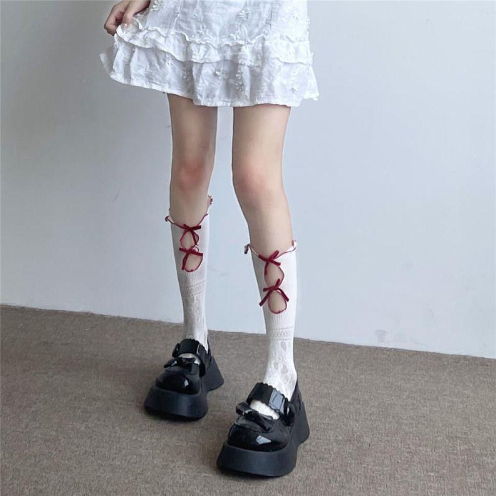 Hollow Lace Flocking Bow Fishnet Sock Cute French Retro Vintage Socks New Cool Women Socks
