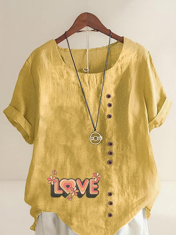 Women's Fashion Love Letters Print Casual Cotton Linen Short Sleeve Round Neck T-shirt Shirt Leisure Loose Summer Blouse Tops