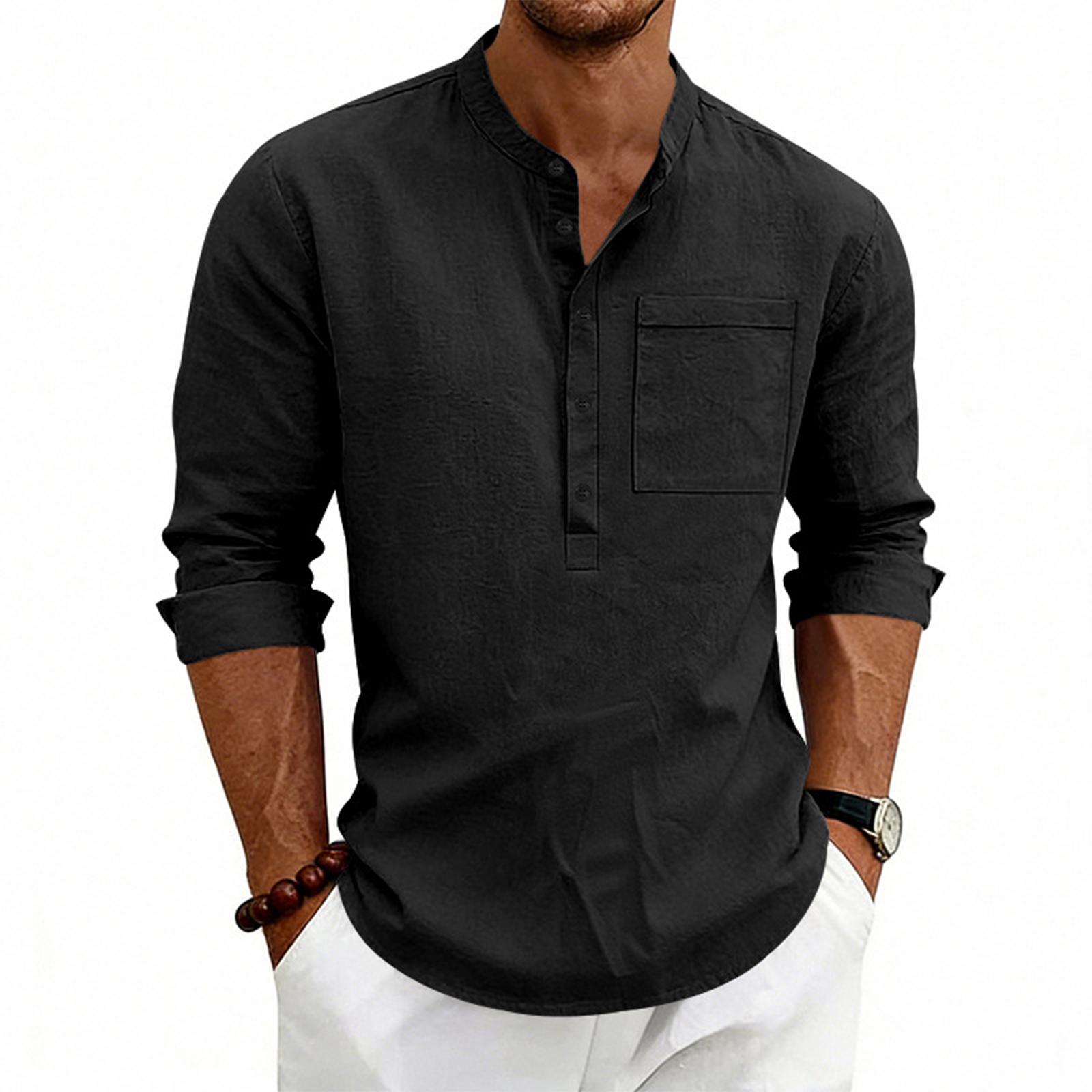 

Men s Standing Tie Pocket Top Men s Casual Beach Linen Top L чёрный