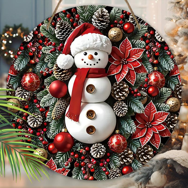 Wooden Christmas Sign with Adorable Snowman Pattern, Christmas Decorative Plaque & Sign for Front Door Wall Hanging Decor, Ideal Christmas Ornament