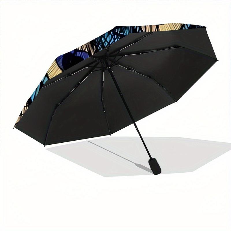 1pc Peacock Feather Pattern Automatic Folding Umbrella - 8-Rib Iron Frame, Windproof, Portable Sunshade with Plastic Handle for Travel & Out