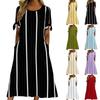Women Summer Casual Round Neck Striped Dress Short Sleeve Loose Fit Midi Dress with Side Tie Sleeves and Pockets