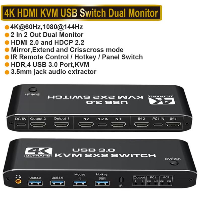 HDMI KVM Switch 4K 60Hz 2 Port Dual Monitor USB 3.0 KVM Switcher 2 in 2 Out USB KVM Switcher HDMI with USB 3.0 Port for Computer