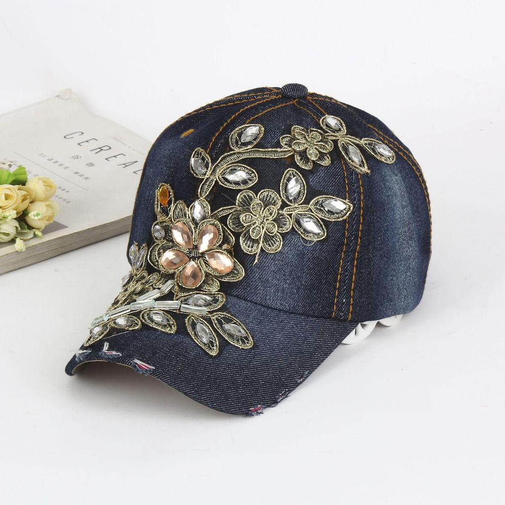 Modische Damen-Baseballkappe aus Denim mit Rosen-Strasssteinen - Hip-Hop-Sonnenhut