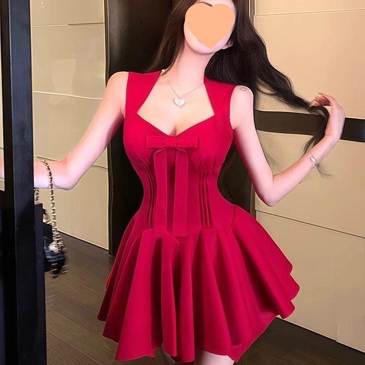 Elegant French Rose Bow Knot Dress - Slimming Waist, Summer Short Skirt for Special Occasions