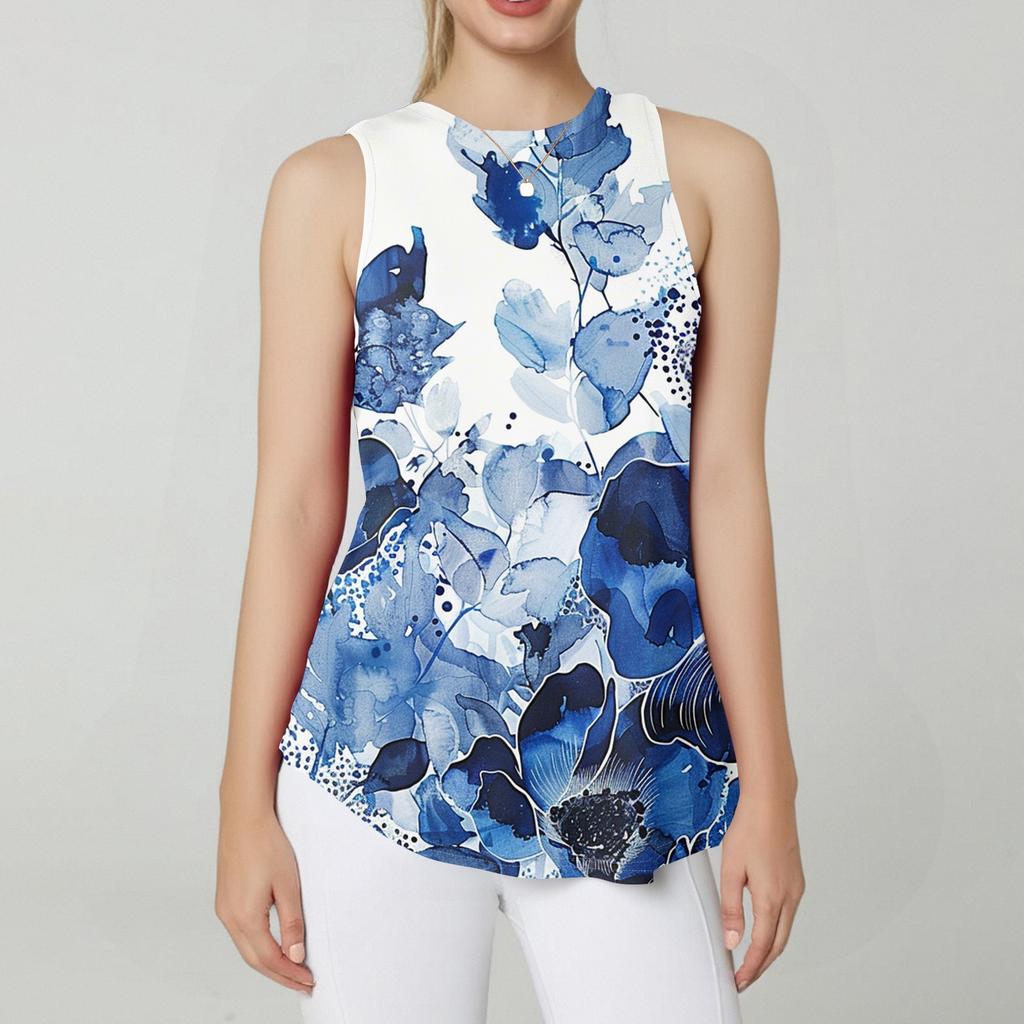 Damenmode Lässige ärmellose Weste Vintage Print Rundhalsausschnitt Ärmelloses Top