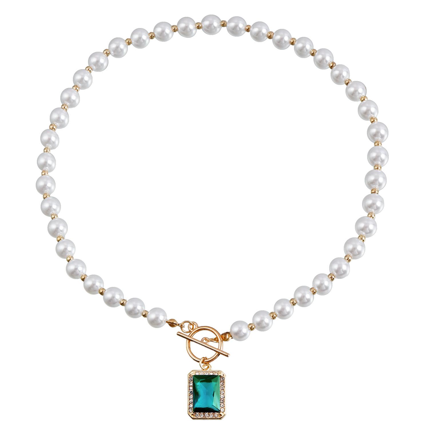 European and American light luxury imitation pearl necklace versatile high-end OT buckle beaded rectangular micro-inlaid imitation diamond pendant