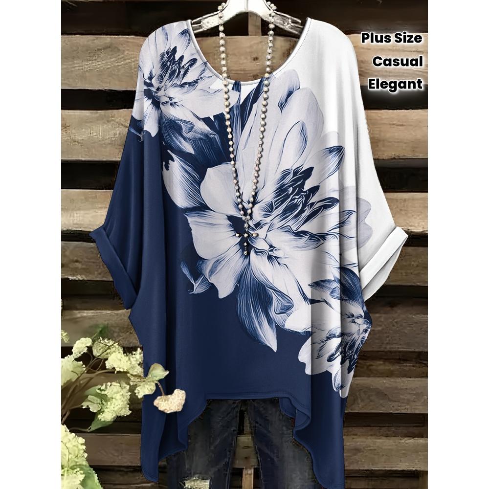 Bohemian Top for Women Elegant Colour Floral Graphics Design Round Neck Irregular Hem Women Casual Fashion Women Vacation Tops