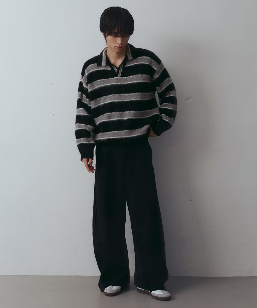 NODU Open Collar Striped Brush Knit [Black]