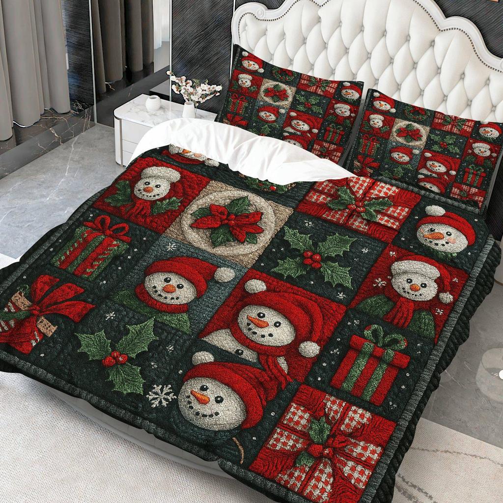 3pcs Festive Snowman & Holly Checkered Duvet Cover Set - Cozy Christmas Bedding with Zipper Closure, Machine Washable