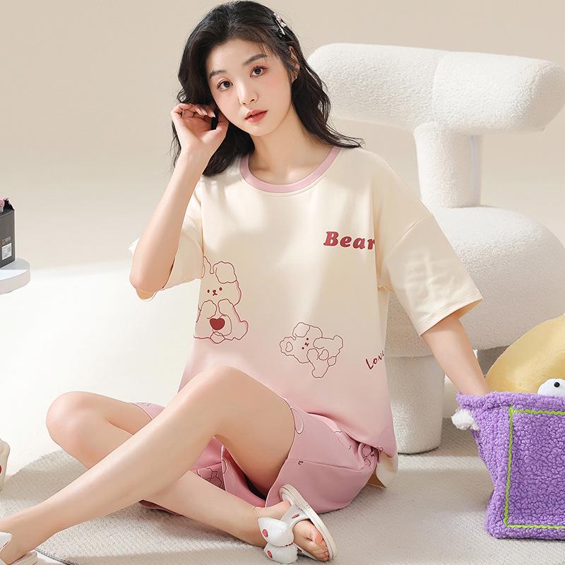 

2025 Women s Summer Cotton Short Sleeve Loose Fit Korean Style Sweet Homewear Plus Size Set XXL (70-80 kg)