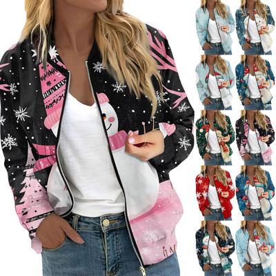 Women's Long Sleeved Lightweight Zipper Short Printed Jacket Casual Quilted Jacket With Pockets Christmas