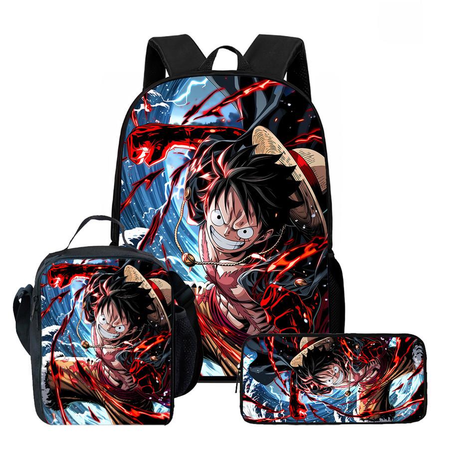 One Piece Anime Backpack 3Pcs Set Cartoon School Backpack Crossbody Bag Pencil Case Student Schoolbag Travel Backpack Gift