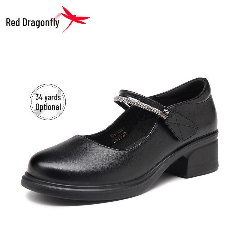 Red Dragonfly Women s Black Mary Jane Shoes - 2025 Autumn Soft Sole, British Style, Chunky Heel, Genuine Leather 37