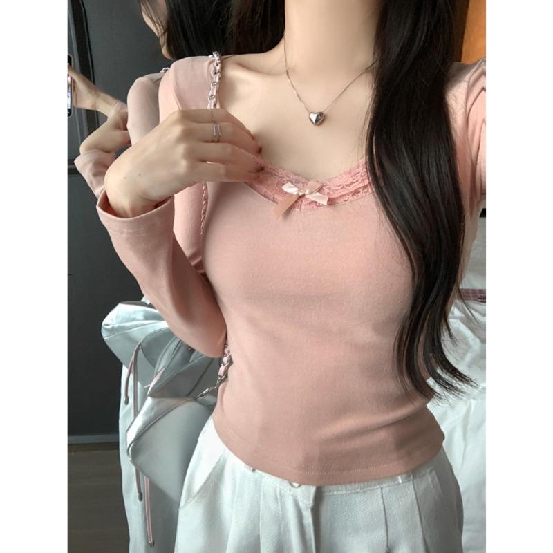 

Реальное фото кружевной вставки футболка с длинным рукавом женская осенне-зимняя немецкий вельвет полированный теплый короткий базовый топ XL розовый