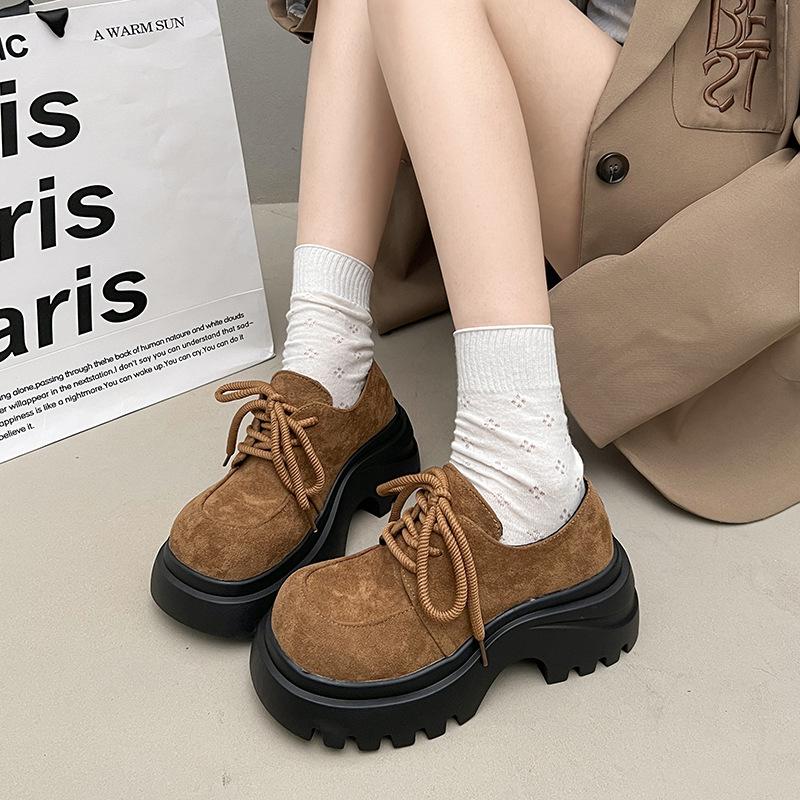 European Matte Leather Big Head Lace-up Single Shoes Women's 2025 Autumn New Thick-soled Versatile Muffin Heightening Loafers