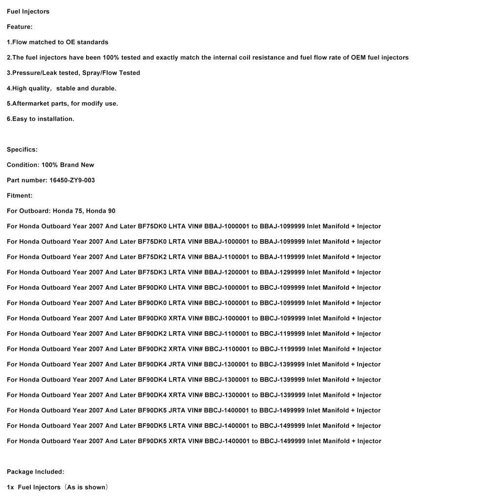 16450-ZY9-003 Fuel Injectors For Honda BF90D BF75 Outboard