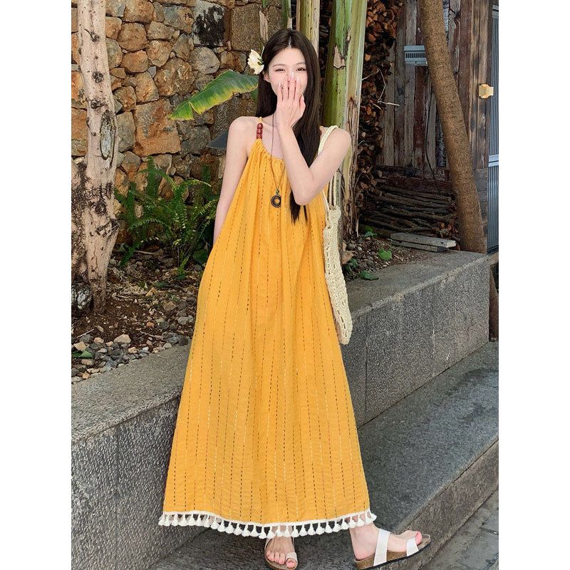 Plus size women clothing Chubby Girl Summer New Korean Style Loose Slimming Super Nice Temperament Yellow Tassel Sling Dress