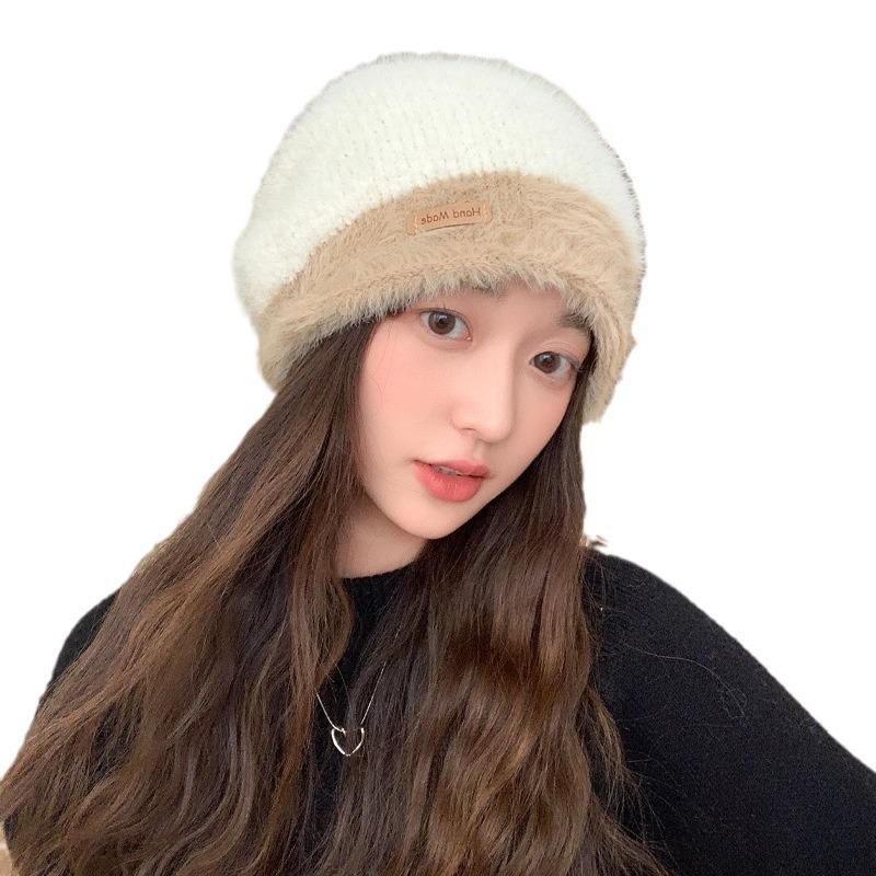 Hoed dames herfst en winter losse grote hoofdomtrek stapelhoed winter warme gebreide wollen hoed effen kleur veelzijdig koude hoed