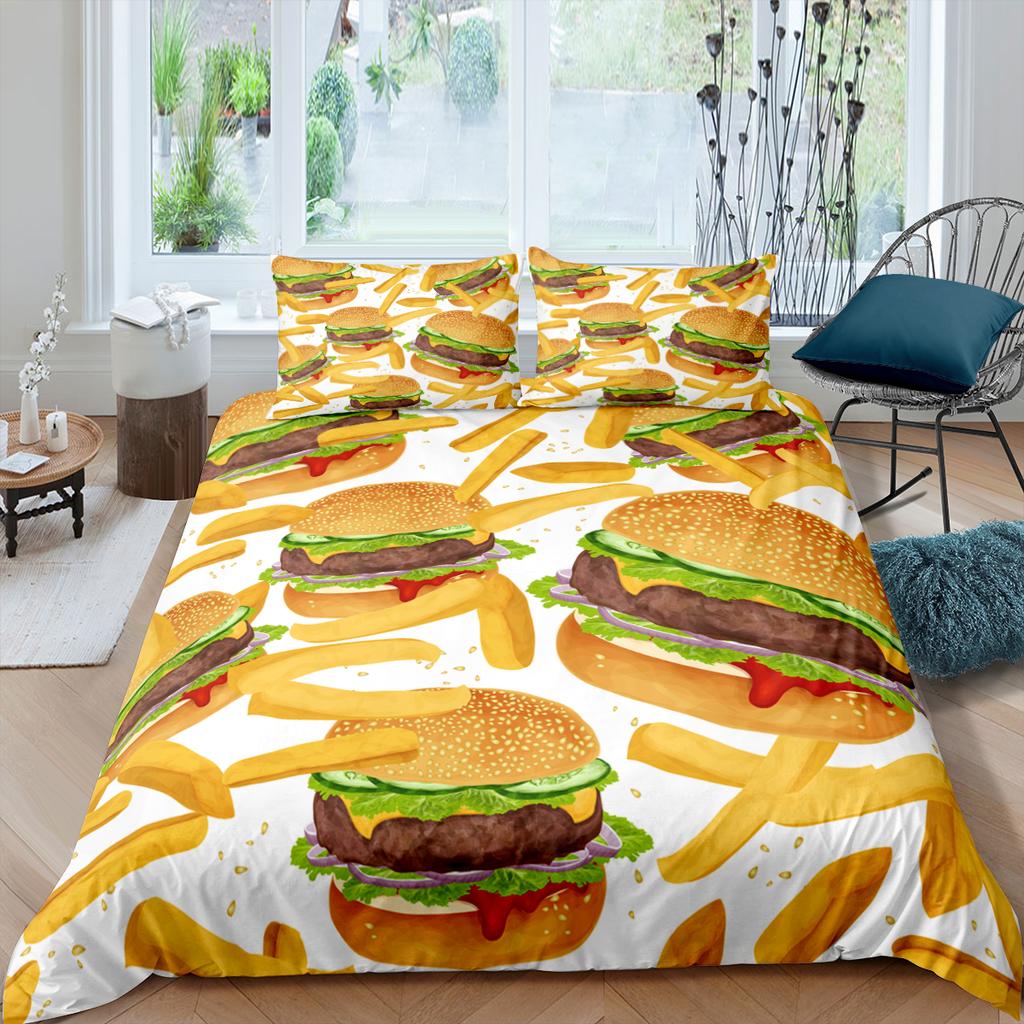 American Fast Food Duvet Cover Set Full Size Pizza Hotdog Comforter Cover Hamburger Print Bedding Set French Fries Quilt Cover