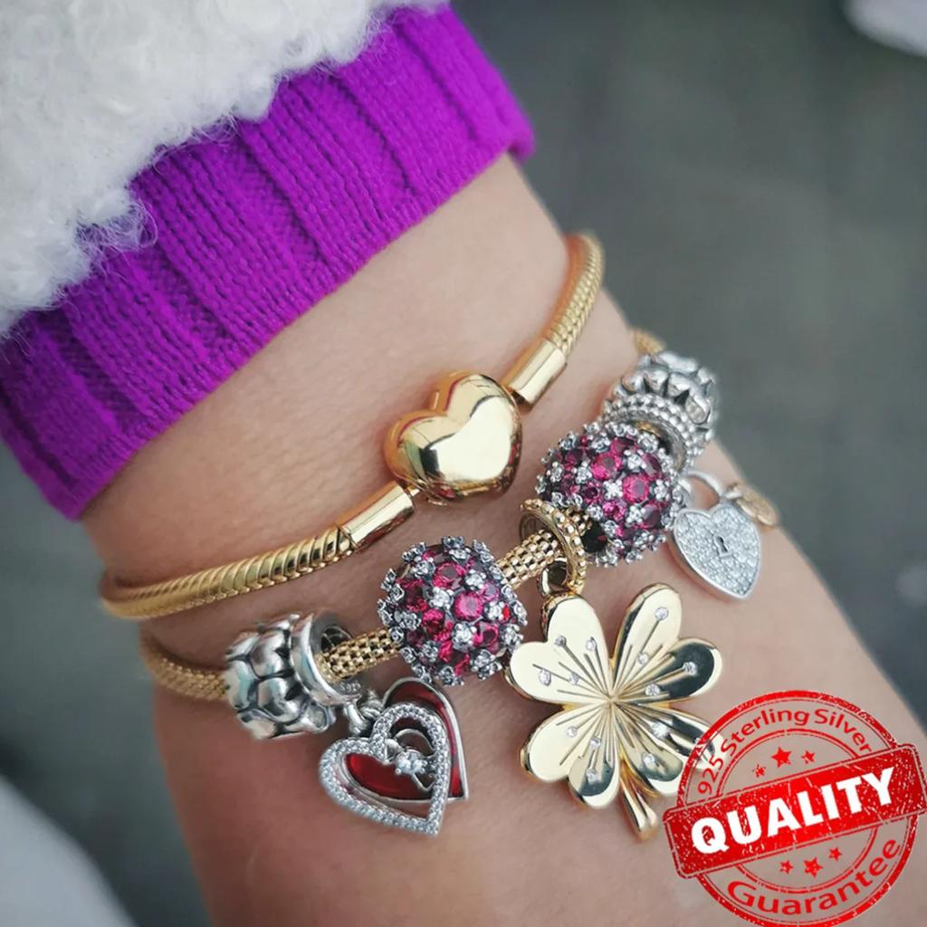 925 Silver Heart Charm Beads Full Diamond Round Rose Pendant for DIY Necklace Bracelet Jewelry Gift