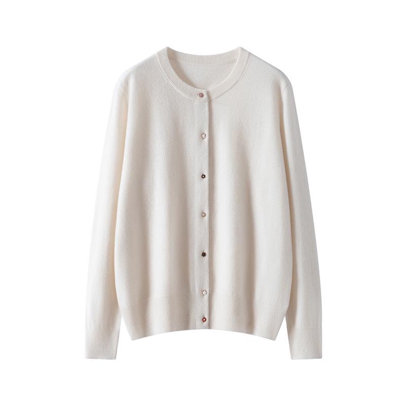 Women's 100% Pure Cashmere Round Neck Knit Cardigan - Loose, Versatile, Solid Color, Long Sleeve, Warm Autumn/Winter Outerwear