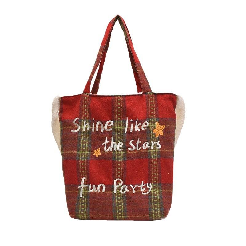 Retro plaid lamb wool splicing bag autumn and winter portable messenger bag large capacity tote bag student double-sided shoulder bag
