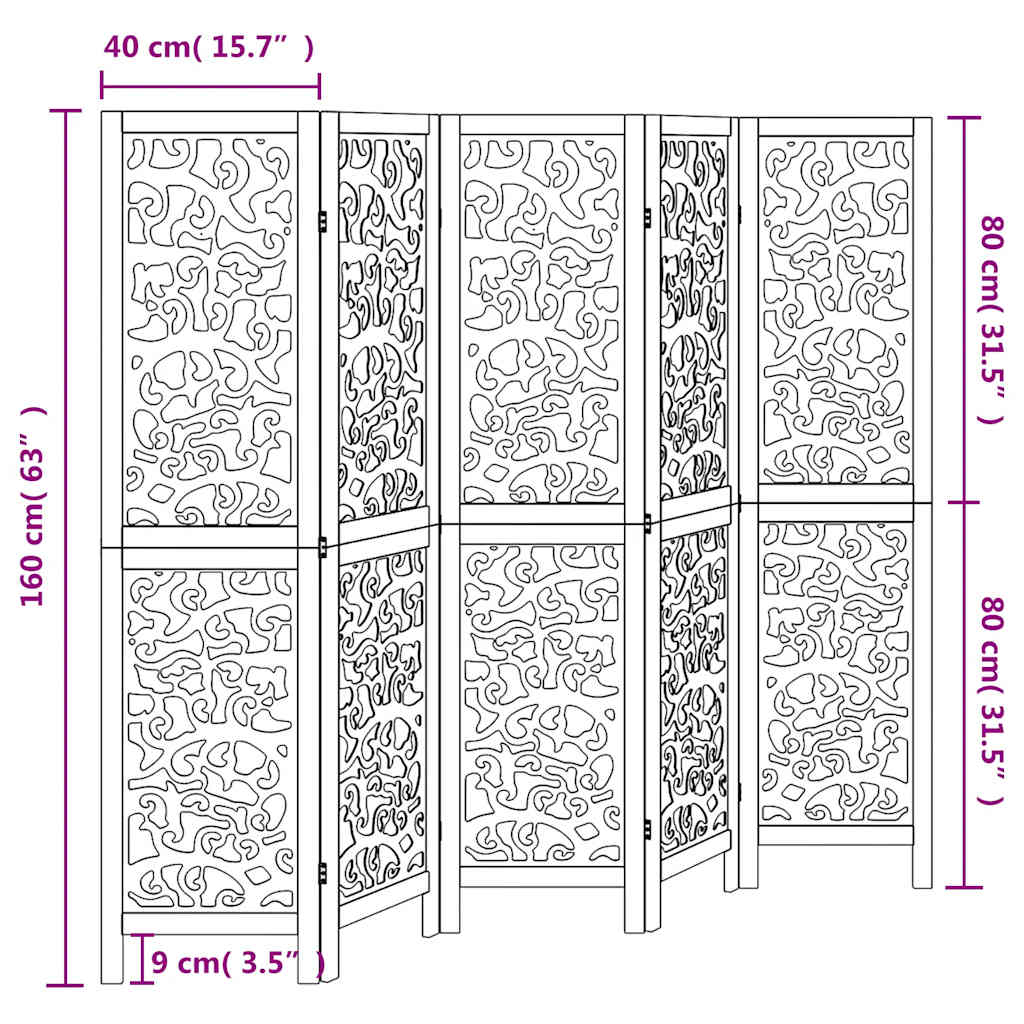 5 Panel Room Divider White Solid Wood Paulownia
