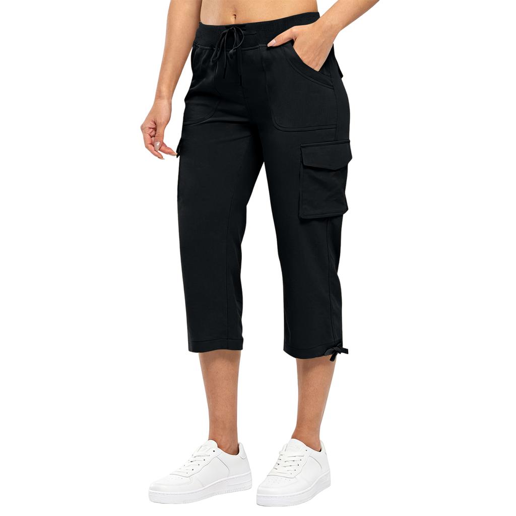 Women’s Loose Fit High Waist Elastic Waistband Lightweight Hiking Pants with Dual Pockets and Drawstring Capri Length for Outdoor Activities