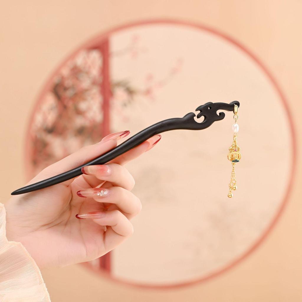 Ancient Style Black Sandalwood Tassel Hairpin for Qipao & Hanfu