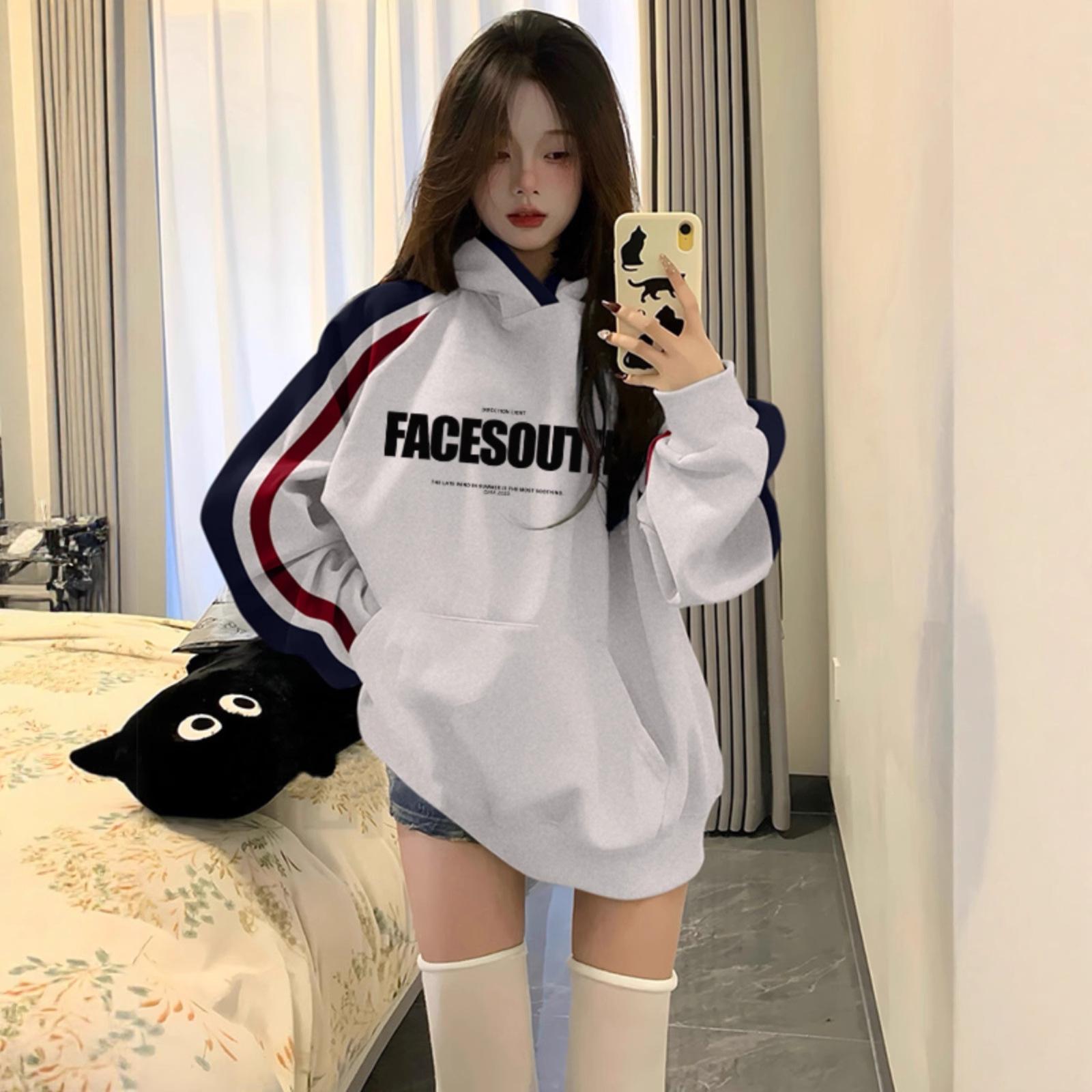 

Grey Hooded Sweater Men s and Women s Autumn and Winter Retro Street High-end Sense Versatile Printed Loose Top M