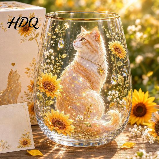 Hand-painted Glass Cup Hand Painted Tumbler Egg Shaped with Gold Rim Clear