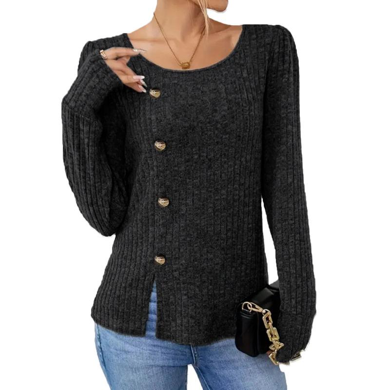 Autumn Winter Solid Color Round Neck Button Long Sleeved Loose T-shirt Top for Women Shirt