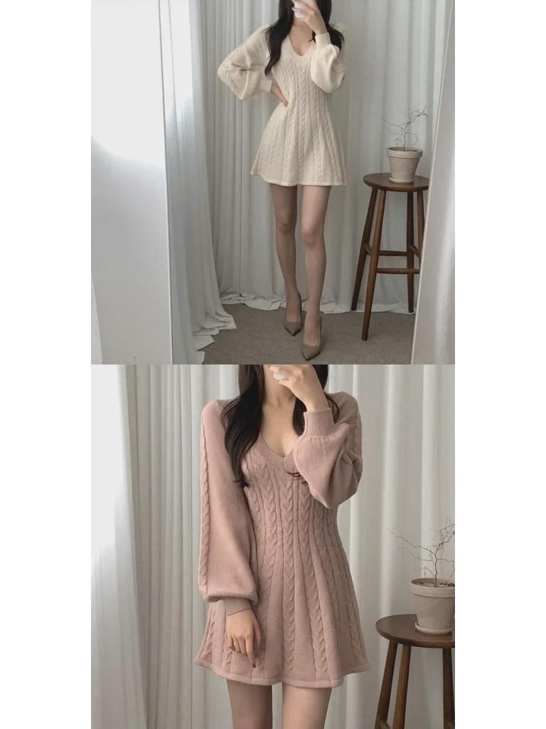 Korean Style Autumn/Winter 2024 Lantern Sleeve V-Neck Cinched Waist Knit Dress and Sweater Skirt