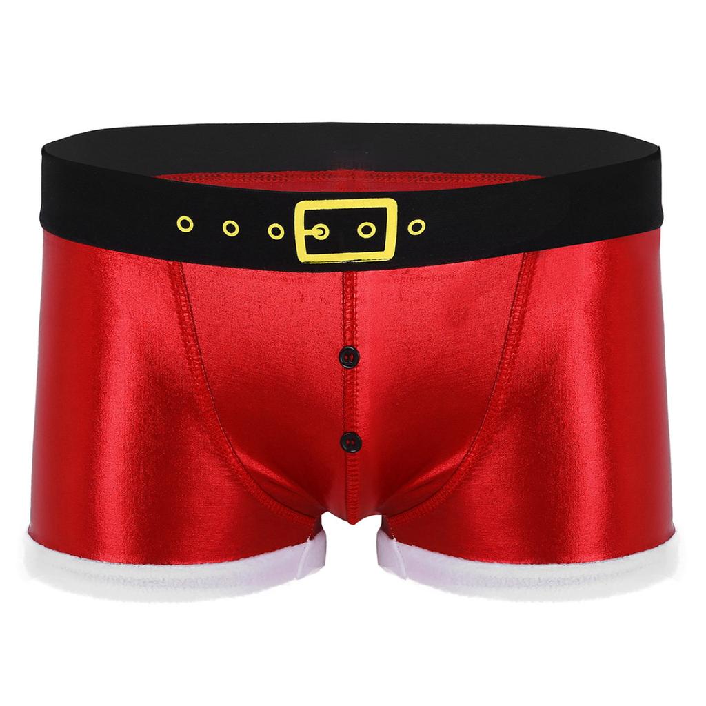 Christmas Underwear Men Red Faux Leather Belt Printed Panties Holiday Novelty Santa Claus Costume Male Sexy Tight Boxer Shorts