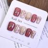 Fragrant Wind Red & Pink Plaid Hand-Painted Wearable Nails with Gold Thread & Pearl Accents - Luxurious Handmade Nail Art Stickers