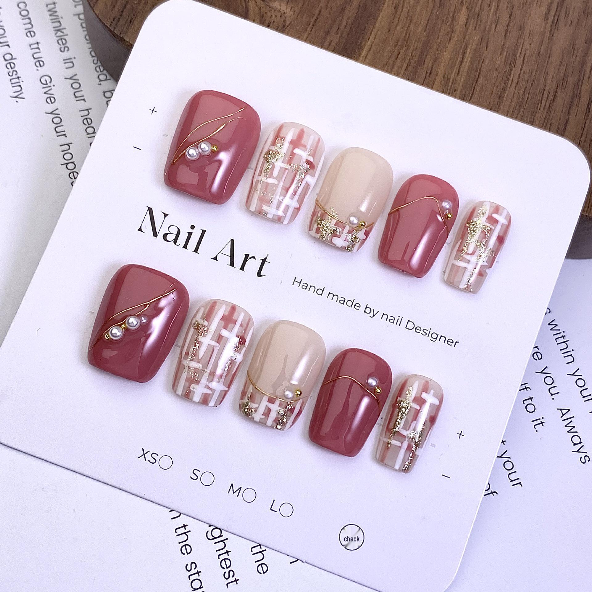 

Fragrant Wind Red & Pink Plaid Hand-Painted Wearable Nails with Gold Thread & Pearl Accents - Luxurious Handmade Nail Art Stickers Large