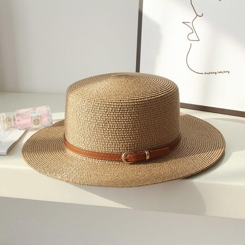 Flat Top Straw Hat Women's Summer Simple British Sun Hat Versatile Fashion Trendy Eaves Casual Top Hat