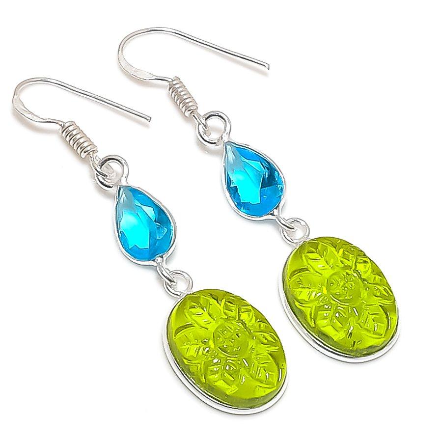 Peridot, Topaz Gemstone 925 Sterling Silver Jewelry Earring 2.05"
