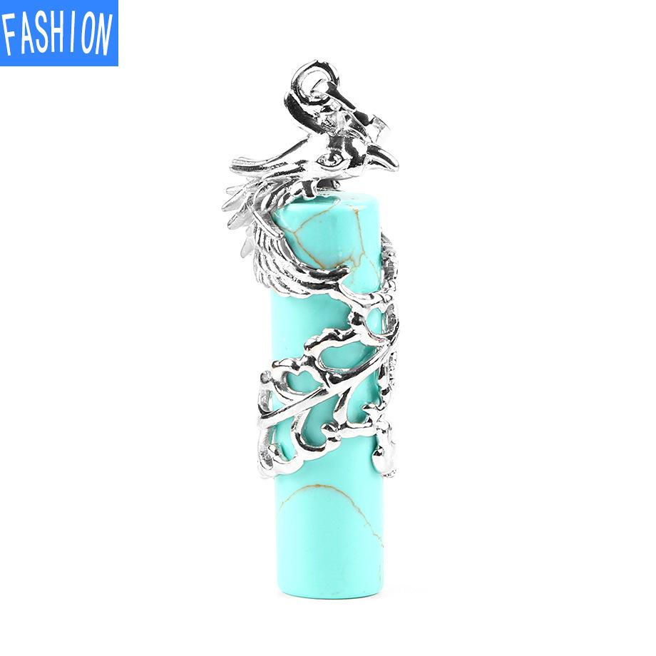 Creative Mascot Wrapped Natural Stone Cylindrical Pendant And Pink Crystal Necklace