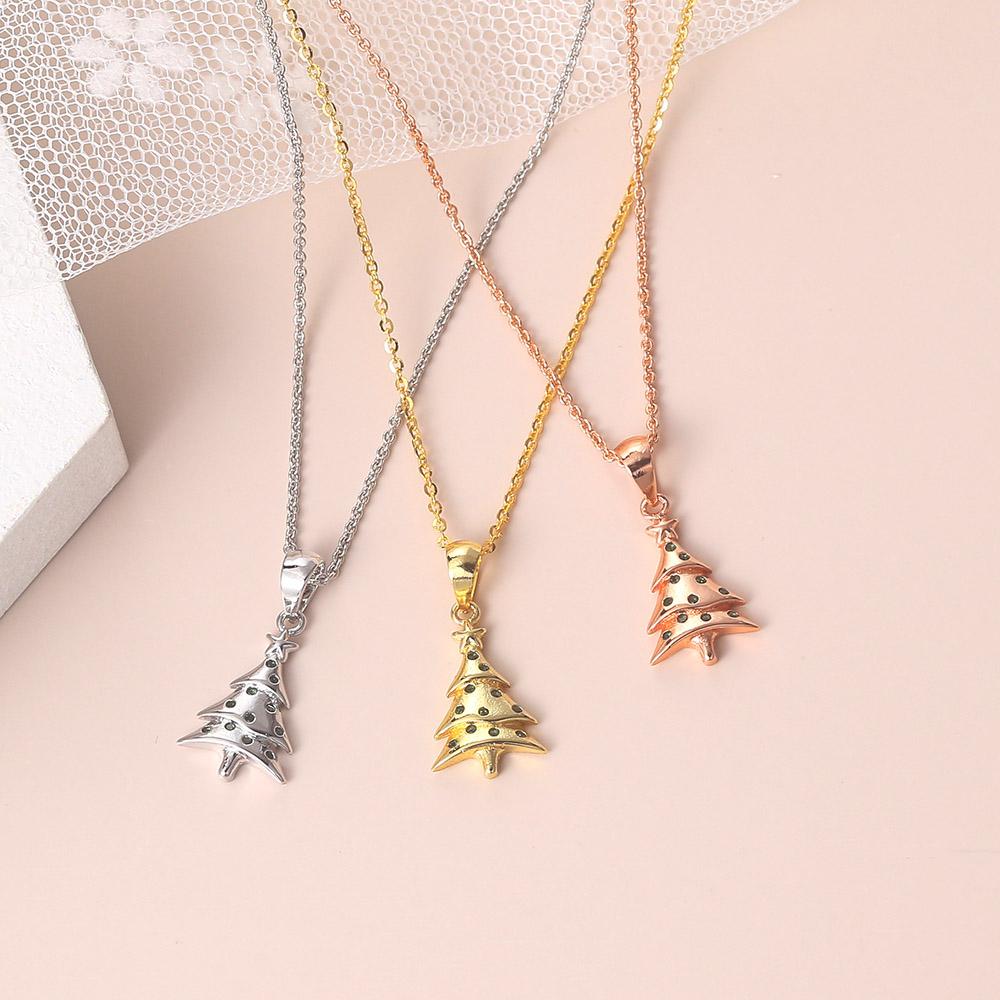 Christmas Tree Pendant Necklace For Women Aesthetic Green Crystal Gold Color Korean Fashion Choker Chains Neck Jewelry Gift N181