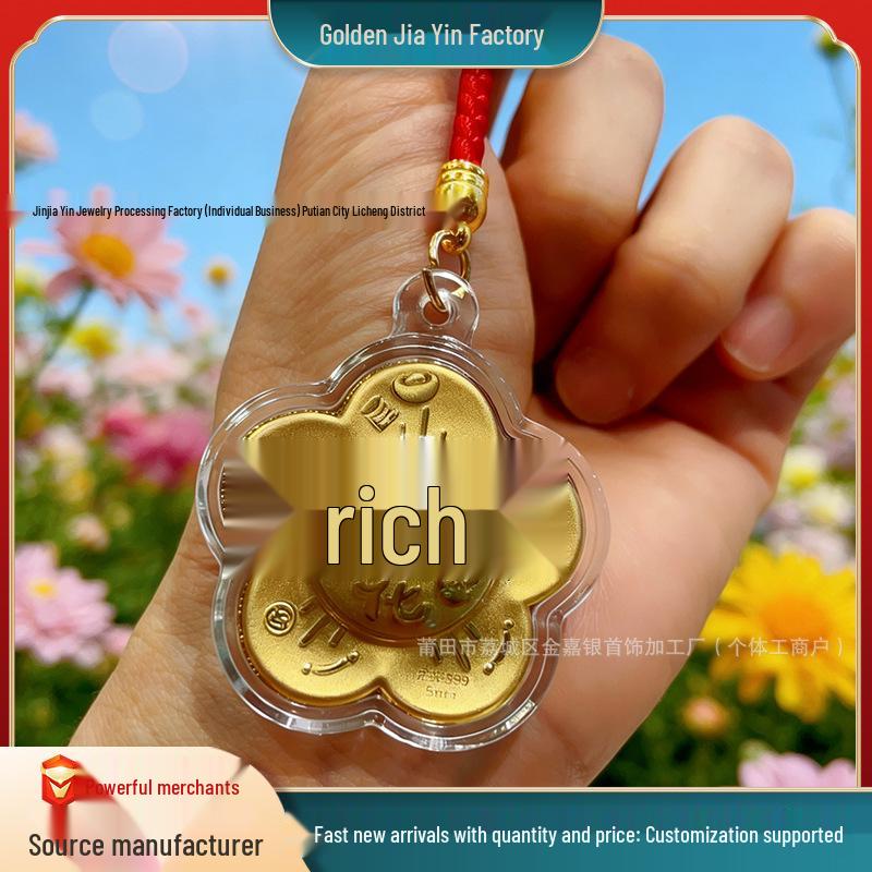Pure 999 Gold Red String Phone Keychain with Gold Flower Charm - Live Broadcast Gift