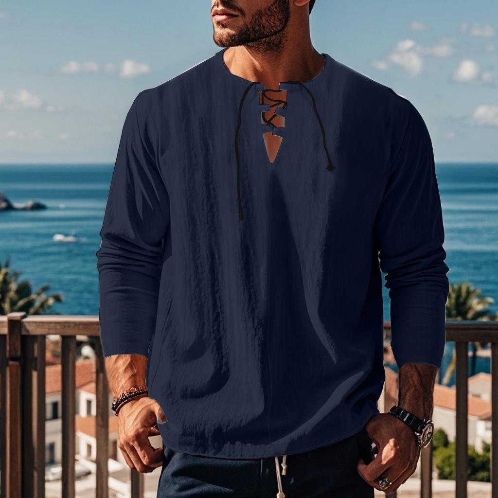 Maglietta da Uomo a Maniche Lunghe Autunnale con Scollo a V e Vestibilità Ampia in Cotone Canapa Tinta Unita Camicia Ruche da Spiaggia
