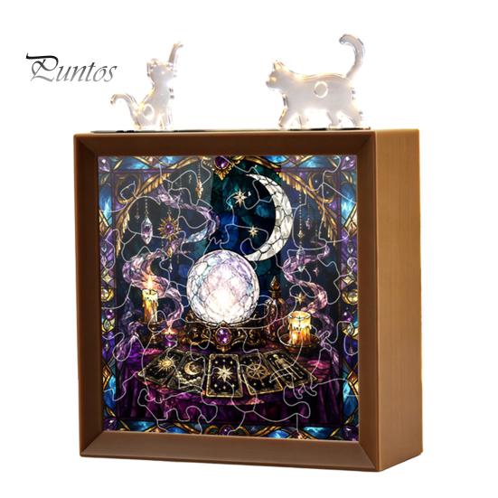 Wooden Photo Frame Base DIY Acrylic Cat Puzzles Night Light, Hand-Assembled Stained Glass Style Jigsaw Lamp with Personalized Handmade Presents Decor,