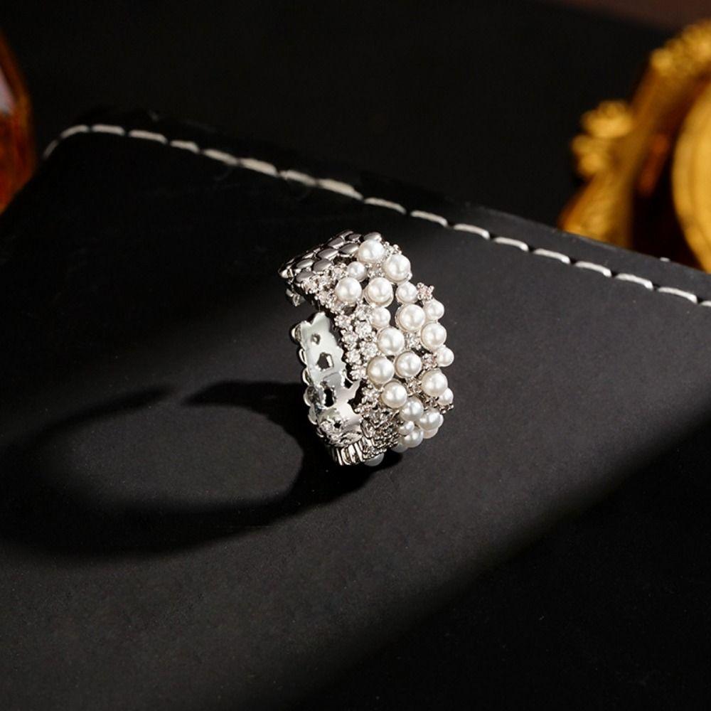 Geometry Vintage Rings Exquisite Metal Rings Temperament Pearl Open Ring  Party