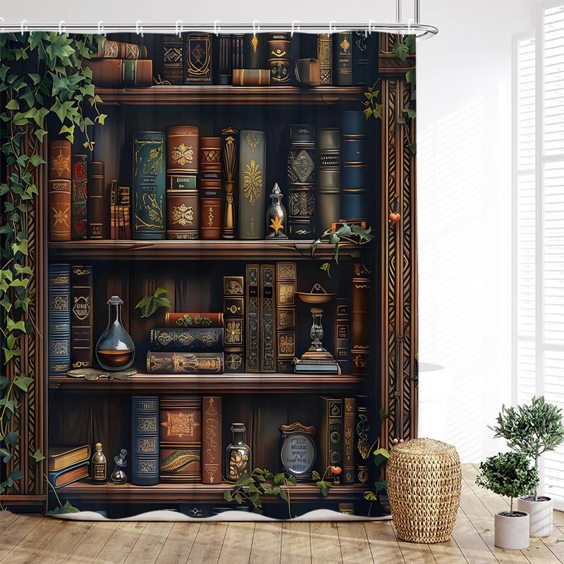 Vintage Bookshelf Shower Curtain Retro Book Green Plant Leaves Modern Fabric Home Wall Hanging Bathroom Curtain Decor with Hooks